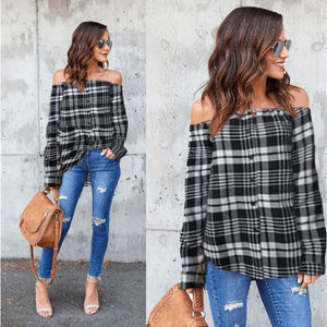 Women's Plaid Sexy Off Shoulder Long Sleeve Single-breasted T-Shirt Tops Blouse