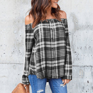 Women's Plaid Sexy Off Shoulder Long Sleeve Single-breasted T-Shirt Tops Blouse