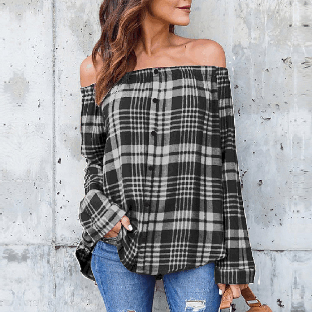 Women's Plaid Sexy Off Shoulder Long Sleeve Single-breasted T-Shirt Tops Blouse