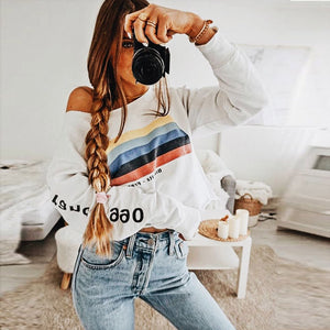 Womens Long Sleeve Rainbow Stripes Sweatshirt Pullover Letter Tops Blouse